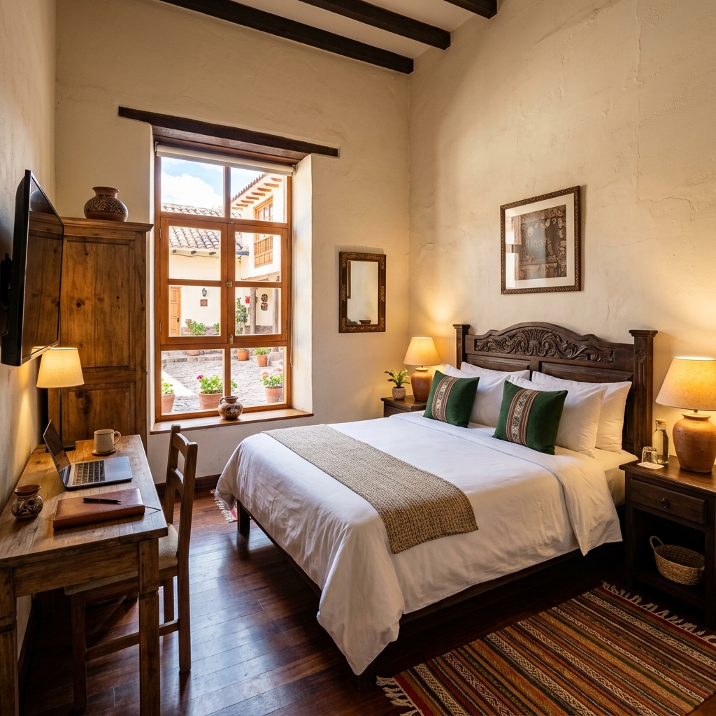 HabitaciÃ³n EstÃ¡ndar del Hotel RUQRUQA â€” Cama matrimonial con decoraciÃ³n colonial