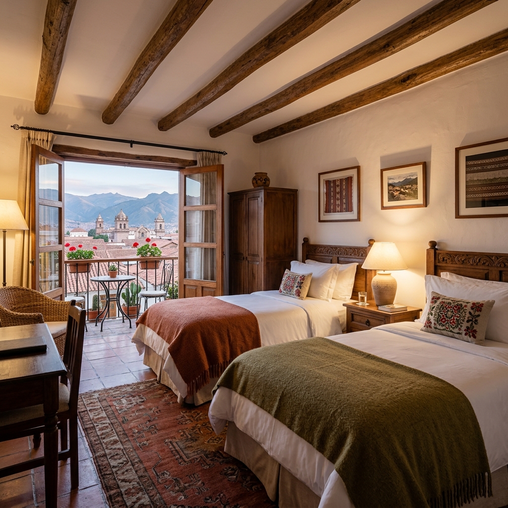 HabitaciÃ³n Superior del Hotel RUQRUQA â€” Dos camas con balcÃ³n y vista a la ciudad